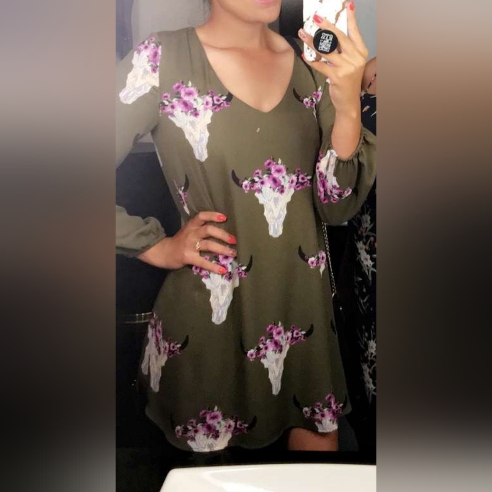 Altar'd State - Olive Green Dress w/ Purple/Pink Floral Skull Print - Picture 9 of 10